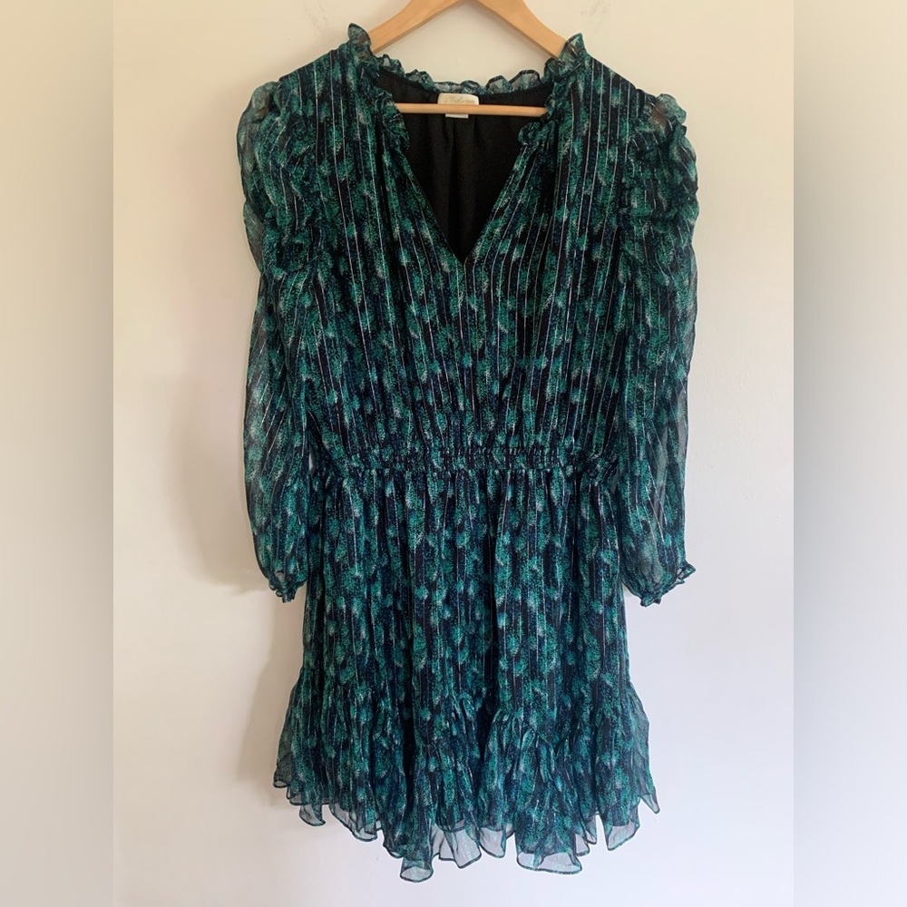 Shoshanna Women's Size 12 Silk Dress ~ Navy Green & Silver Metallic Ruffled Mini